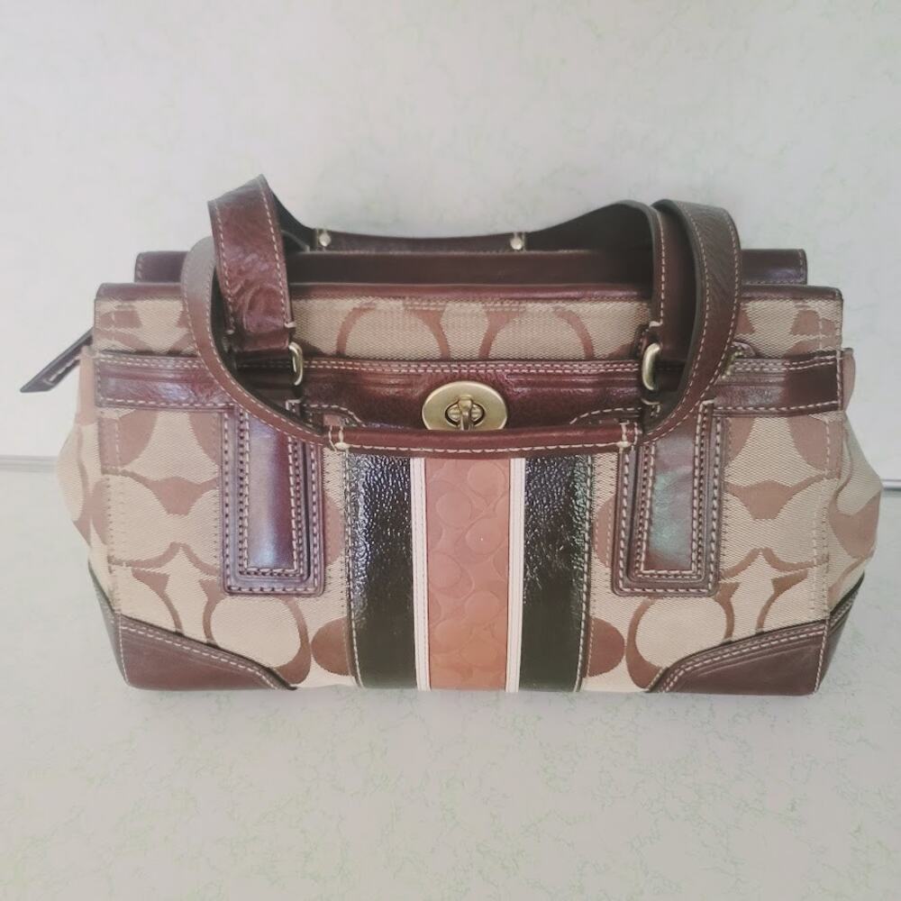 Coach Signature Stripe Gallery Tote Satchel Bag Brown Canvas Leather Trim Y2K